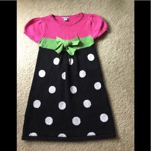 Girls 5 knit black, pink, green polka dot dress